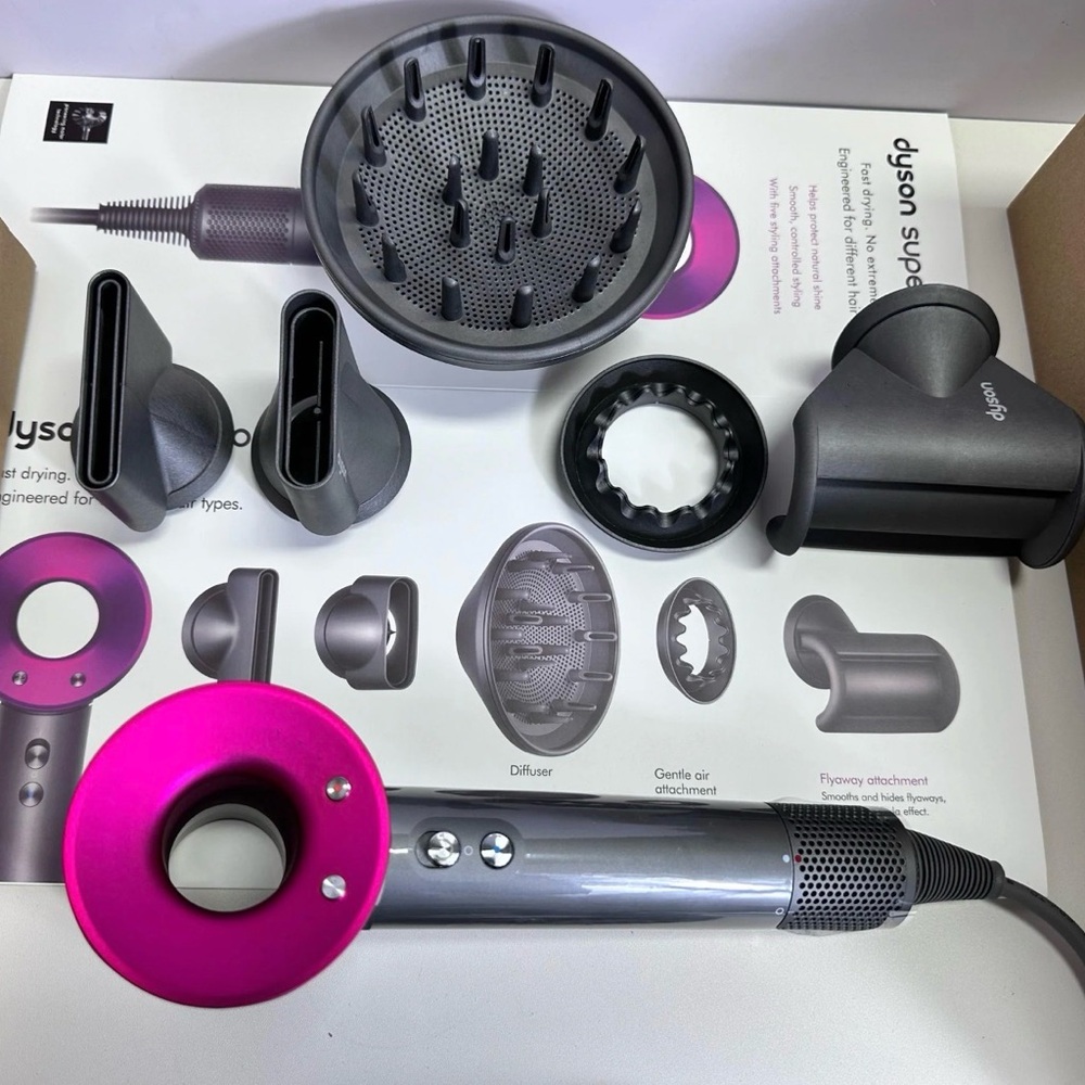 Dyson Hair Dryer in Gray and Pink with Attachments